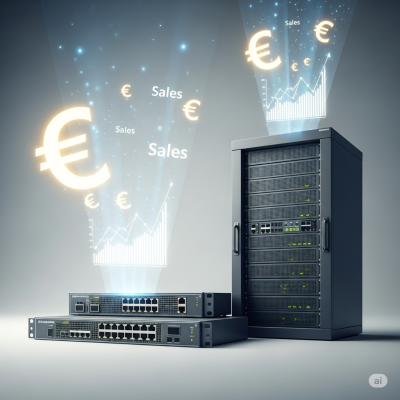 Servidor preto e dispositivos de rede com gráficos de vendas e símbolos de euro brilhantes