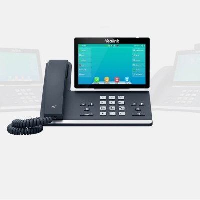 Telefone fixo preto Yealink com ecrã táctil a cores e teclado numérico