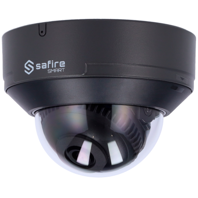Câmara de segurança dome preta com cúpula transparente e logo 'safire SMART'