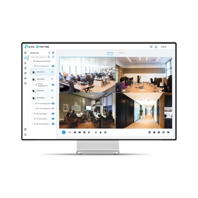 Monitor plano a mostrar software de videovigilância com várias janelas de escritórios