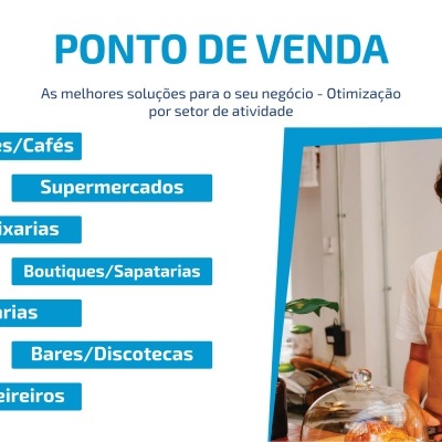 Folheto de pontos de venda com lista de setores e mulher a atender com avental junto a pães