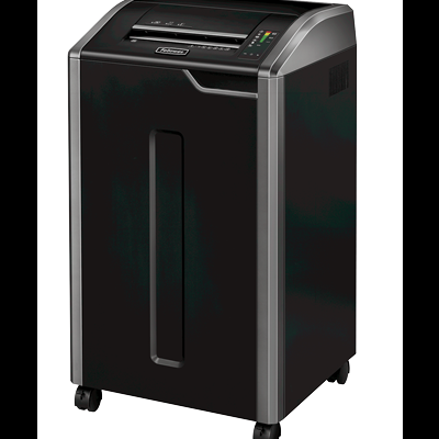 Máquina de destruir papel preta com detalhes em cinza e rodas