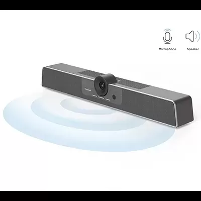 Barra de som preta com câmara central e ícones de microfone e altifalante