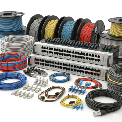 Cabos de rede coloridos, switches e conectores organizados