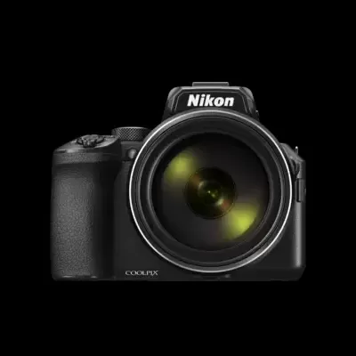 Câmara fotográfica Nikon COOLPIX preta com lente grande e texto branco