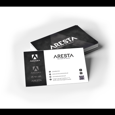 cartões de visita pretos e brancos com texto ARESTA e AUTOMATA