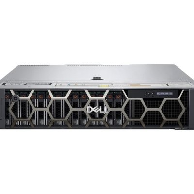 Servidor Dell cinza com painel frontal em rede preta e etiqueta Dell