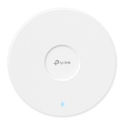 Dispositivo TP-Link branco redondo com luz azul acesa e logótipo central