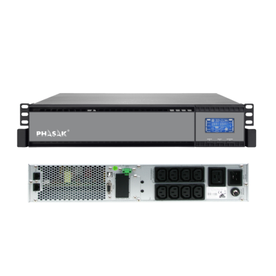 Fonte de alimentação PHASAK preta com display LCD azul e várias conexões de energia