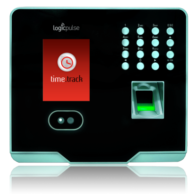 Dispositivo de controlo de acesso biométrico com ecrã digital e teclado numérico.