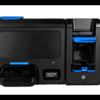 Dispositivo de pagamento eletrónico preto com detalhes azuis e etiqueta 'cashlogy by Adyen'