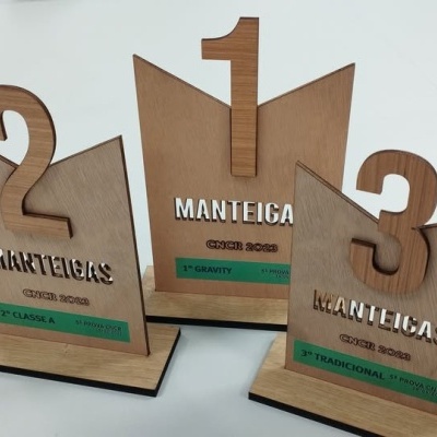 Troféus de madeira para o 1º, 2º e 3º lugar com números grandes e etiquetas verdes