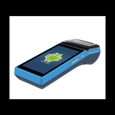 Dispositivo de pagamento POS azul com ecrã tátil mostrando logotipo Android