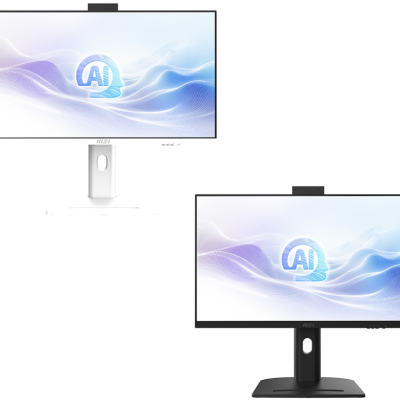 Dois monitores AOC, um branco e um preto, com tela larga e webcam, mostrando padrão de ondas azuis e texto AI