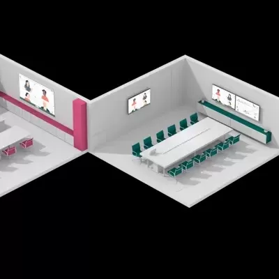 Três salas de reuniões com mesas e cadeiras coloridas em ambiente moderno.