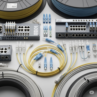 Cabos e equipamentos de rede com etiquetas em fundo branco