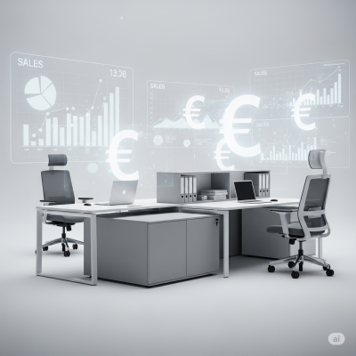 Escritório moderno com secretárias, cadeiras, laptops e gráficos digitais de vendas