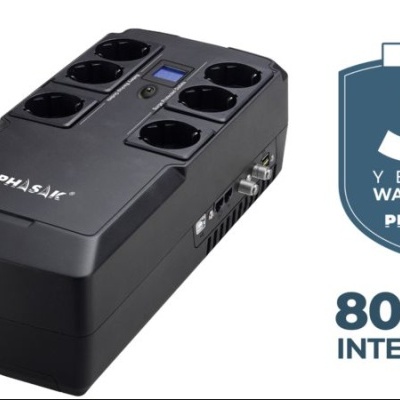 Estabilizador/UPS Phaser preto com seis tomadas e selo de garantia de 3 anos