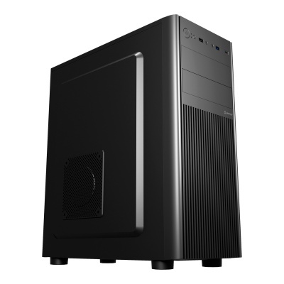 Torre de computador preto com painel frontal de linhas verticais e lateral com ventilação