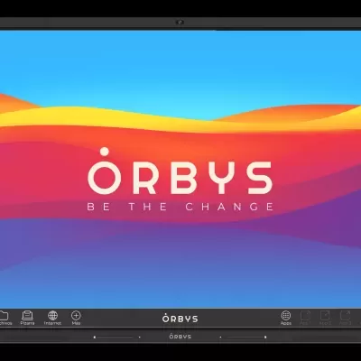 Ecrã digital com texto ORBYS e BE THE CHANGE em fundo colorido
