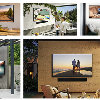 Cinco televisores planos em vários ambientes exteriores e interiores com diferentes imagens exibidas
