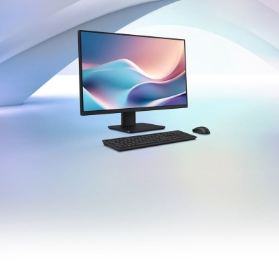 Monitor, teclado e rato pretos em superfície branca sob iluminação colorida