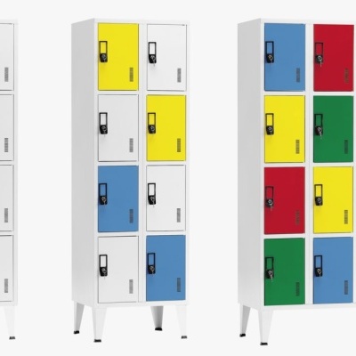 Armários metálicos coloridos com portas em vários tons e fechaduras