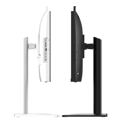 Dois monitores de computador, um branco e outro preto, vistos de perfil