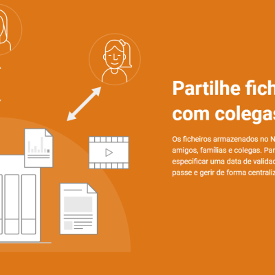 Gráficos de armazenamento na nuvem e dispositivos conectados com texto promocional em português sobre partilha segura de ficheiros