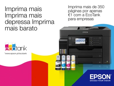 Impressora Epson EcoTank preta com garrafas de tinta coloridas e texto promocional em português