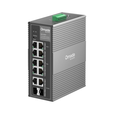 Dispositivo de rede Omada EKS1308P cinza com portas Ethernet e etiquetas indicativas