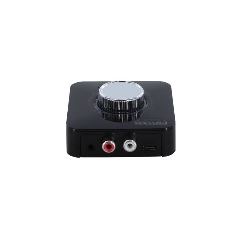 BT 7RT - Bluetooth transmitter/receiver POWER STUDIO Aparelho preto com botão giratório e ligações RCA e USB-C