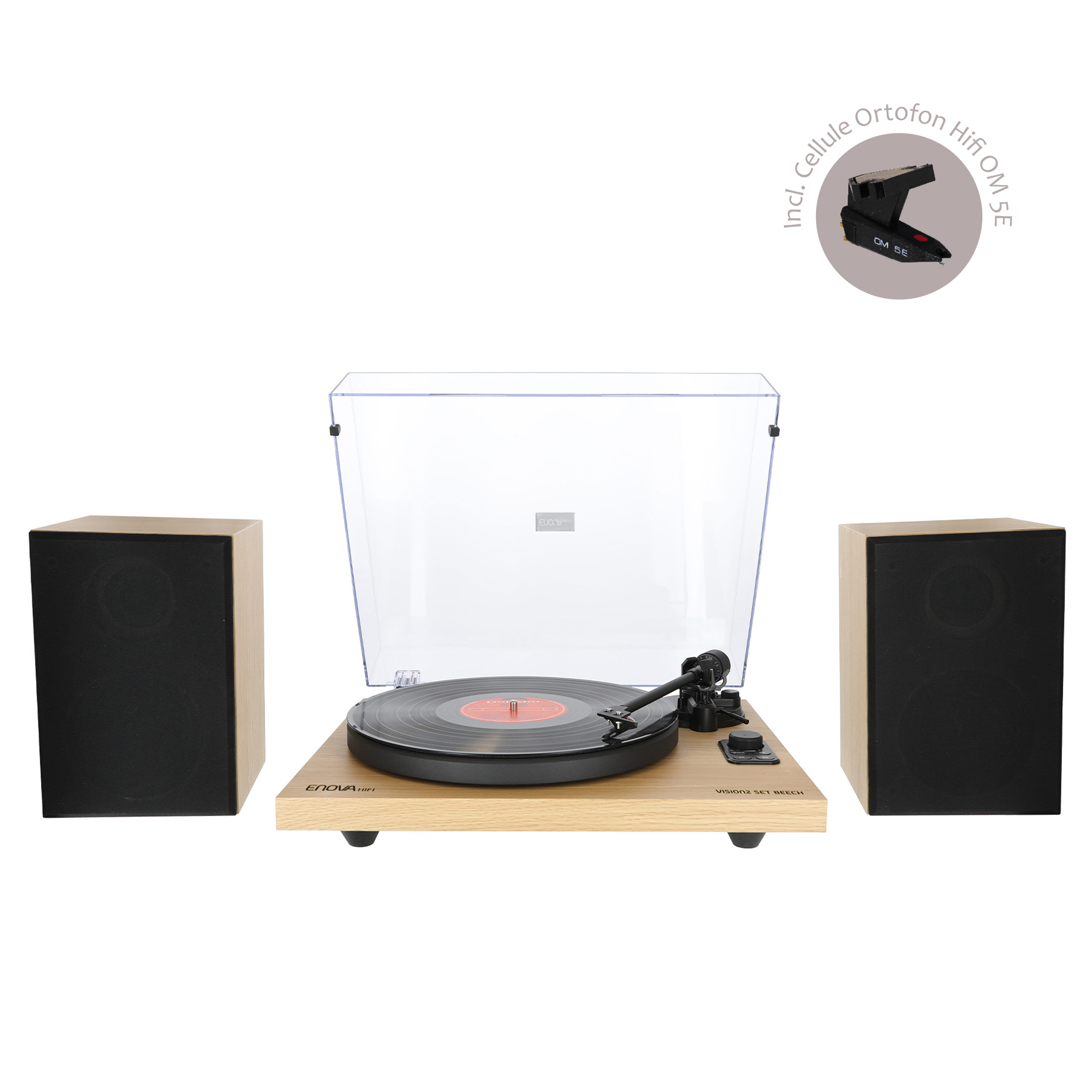 VISION2 SET BEECH Enova hifi Toca-discos com two altifalantes e tampa de plástico translúcido em fundo branco