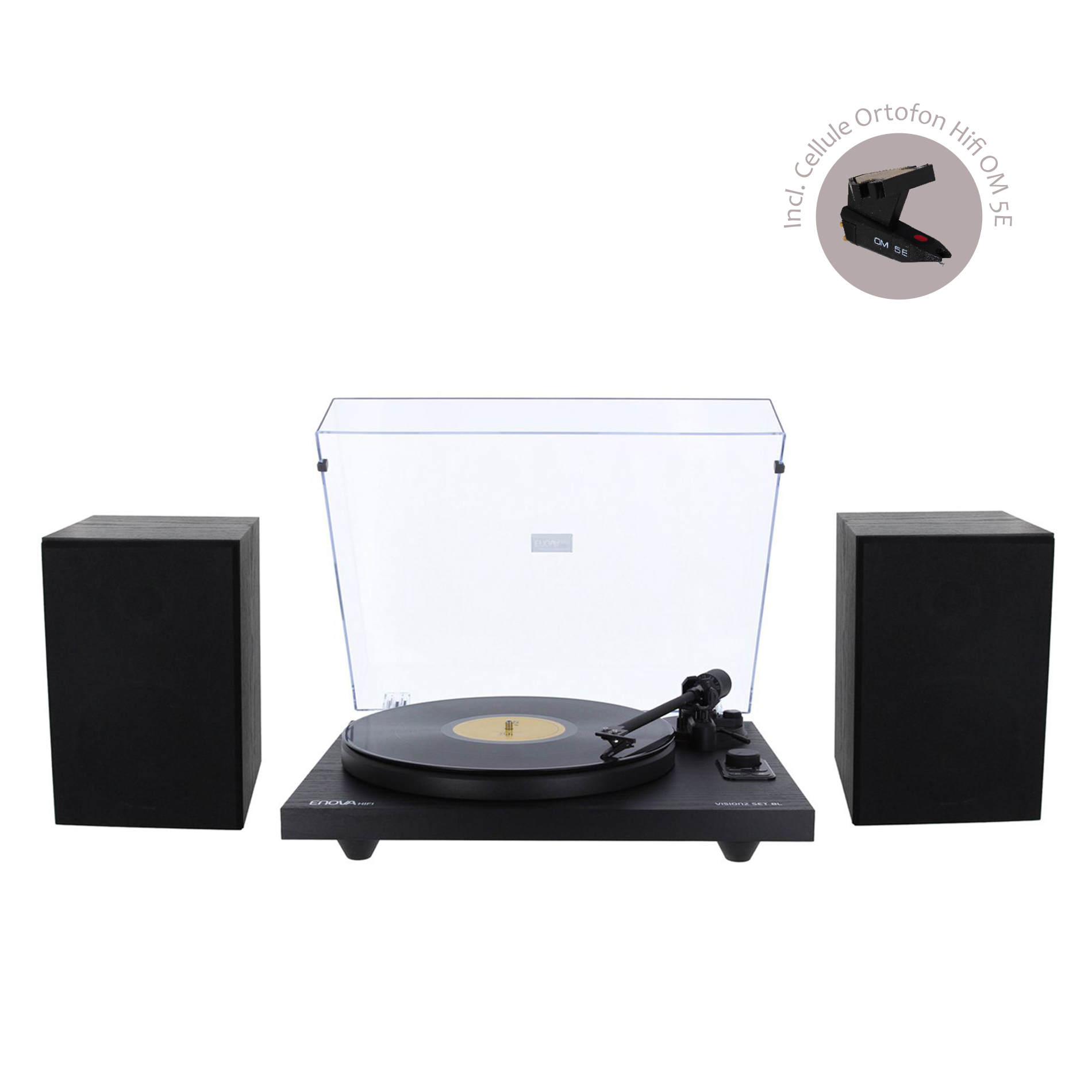 VISION2 SET BL Enova hifi Gira-discos preto com tampa transparente e dois altifalantes pretos