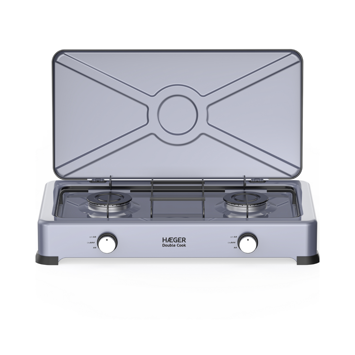 HAEGER DOUBLE COOK * Fogareiro de 2 bicos Fogão portátil duas bocas HAEGER prateado com tampa aberta