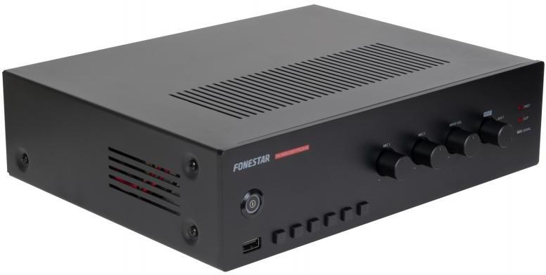 PROX-60 Amplificador Fonestar Amplificador áudio preto com botões e entrada USB na frente