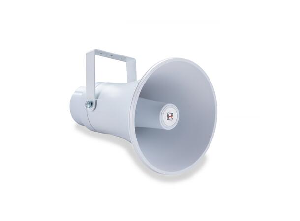 Megafone branco com suporte metálico retangular