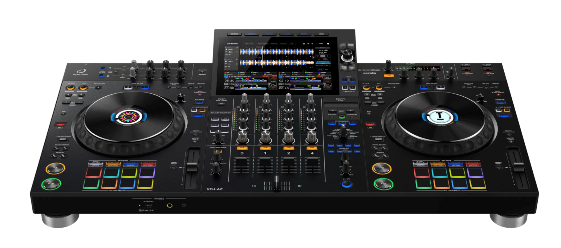 Equipamento de DJ digital com dois pratos e ecrã central