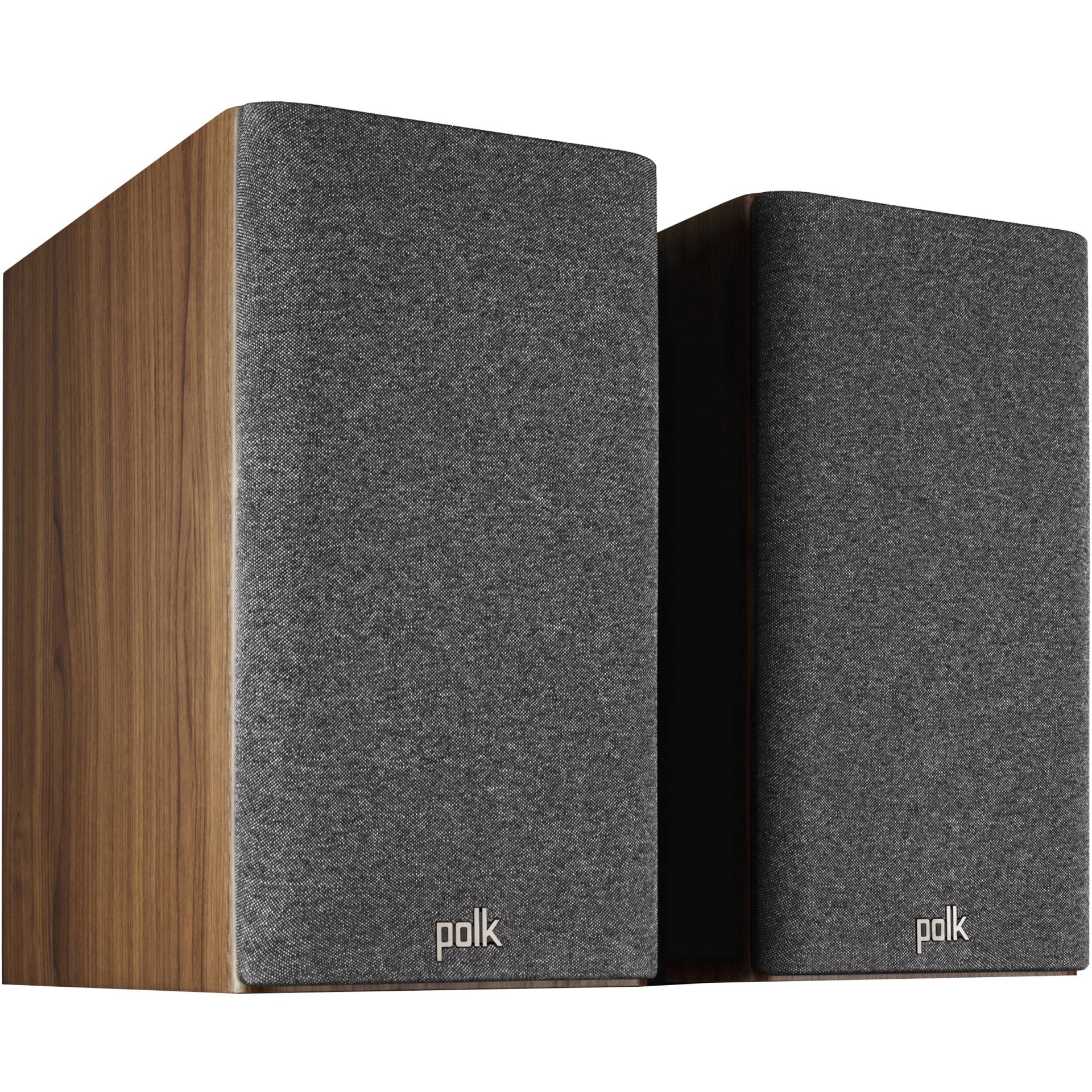 Par de colunas de som Polk com revestimento de tecido cinzento e laterais em madeira