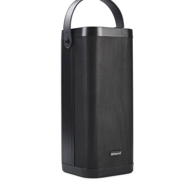 Coluna de som portátil preta com textura metálica e alça
