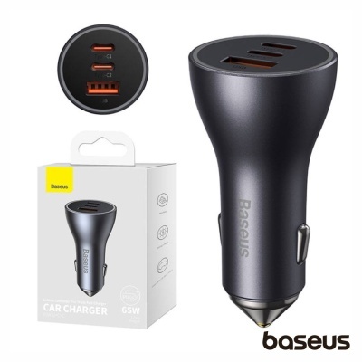 Carregador de carro Baseus cinzento com três portas USB e embalagem branca