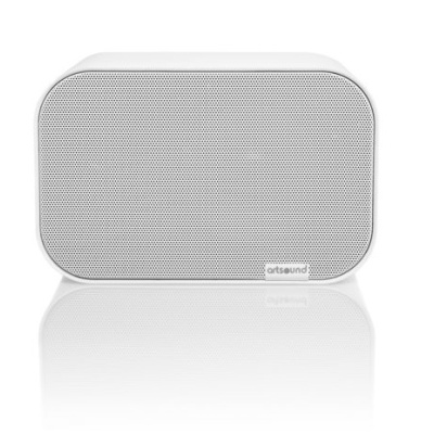 Coluna de som branca com grelha cinzenta e logótipo artsound