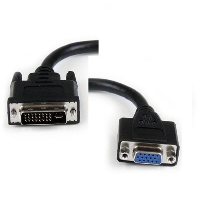 Cabo adaptador preto com conetor DVI e conetor VGA em fundo branco