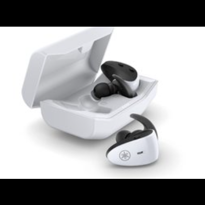 Auriculares sem fios pretos e brancos com estojo de carregamento branco