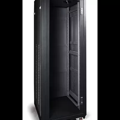 Armário metálico preto para equipamentos de rede com porta de vidro e rodas.