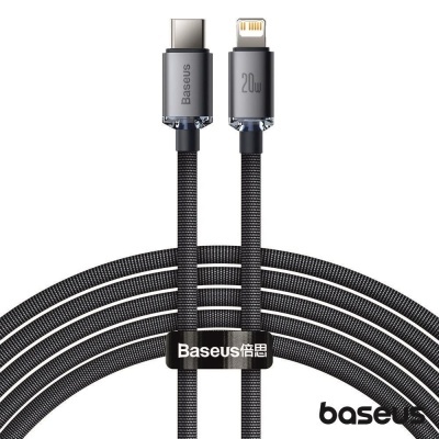 Cabo de carregamento preto Baseus com conectores USB-C e Lightning e textura trançada