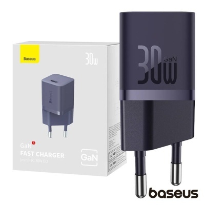 Carregador Baseus GaN Fast Charger 30W cinza com embalagem branca