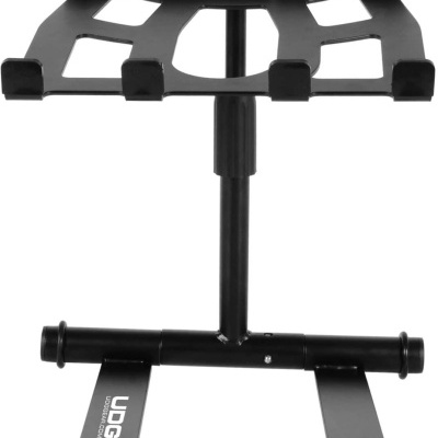 Suporte para laptop preto em metal com base larga e texto UUG FASHION