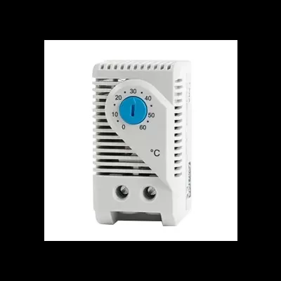 Termostato mecânico branco com seletor azul e grelhas