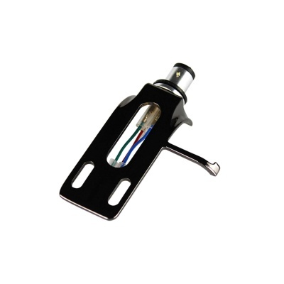 Base preta metálica para cápsula de gira-discos com cabos coloridos visíveis e alavanca prateada